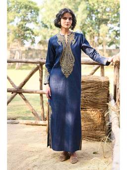 dash and dot - Navy Blue Embroidered Denim Kaftan