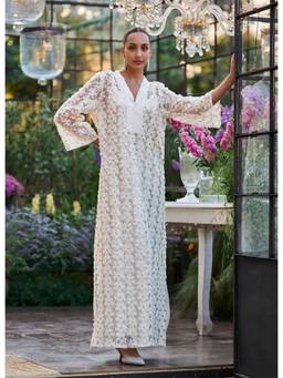 dash and dot - Ivory Floral Ribbon and Sequin Embroidered Kaftan
