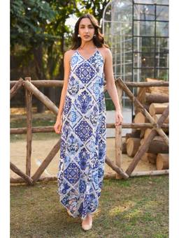 dash and dot - Blue Embroidered Tuscan Halter Neck Dress