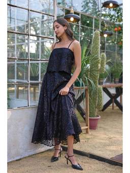 dash and dot - Blue Lace Flared Midi Skirt