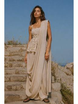 dash and dot - White Linen Sari Drape Skirt