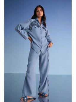 dash and dot - Blue Linen-Textured Wide-Leg Pants