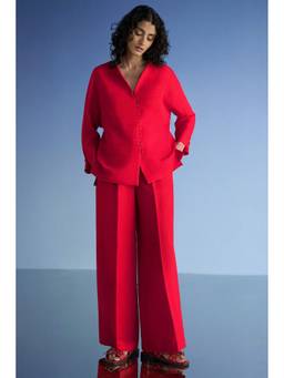 dash and dot - Red Linen-Textured Wide-Leg Pants