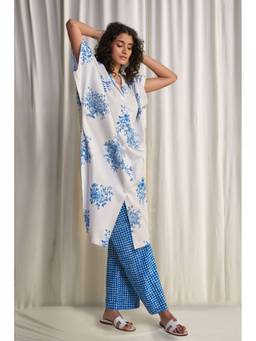 dash and dot - Blue Linen Madras Check Print Pants