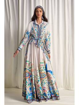 dash and dot - White Linen Botanical Print Maxi Skirt