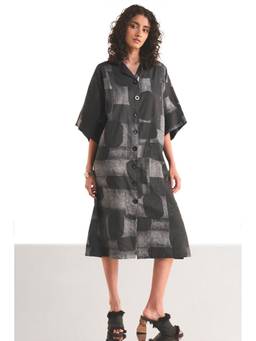 dash and dot - Charcoal Abstract Geometric Print Shirt Dress