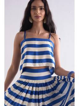 dash and dot - Blue Back Knot Draped Stripe Top