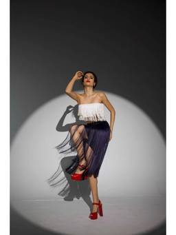 dash and dot - Navy Blue Fringe Skirt