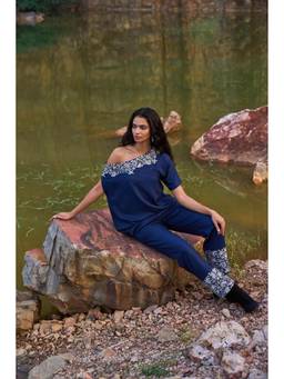 dash and dot - Navy Exposed Shoulder Embroidered Top
