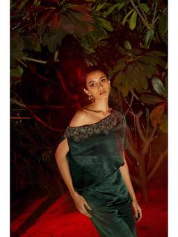 dash and dot - Green Exposed Shoulder Embroidered Top