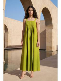 dash and dot - Green Chartreuse Green Poplin Midi Dress