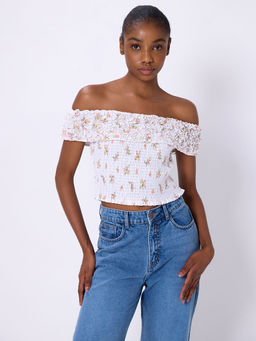 Cover Story - White Floral Bardot Crop Top