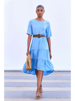 Cover Story - Blue Solid Tiered Knee Length Dress with Belt (Set of 2)