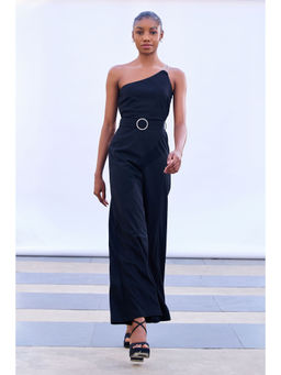 Cover Story - Black Solid One Shoulder Jumpsuit with Belt (Set of 2)