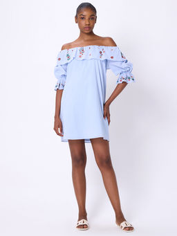 Cover Story - Blue Embroidered off Shoulder Dress
