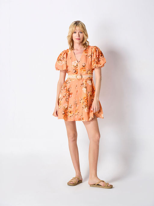 orange floral skater dress Women's Dress Orange Multi-floral Tying shoulders Mini Skater Dress - US 4