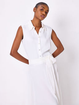 Cover Story - Ivory Solid Satin Sleeves Shirt