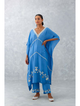 Devnaagri - Ice Blue Embroidered Muslin Kaftan (Set of 2)