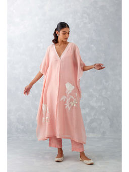 Devnaagri - Baby Pink Embroidered Silk Chanderi Kaftan (Set of 3)