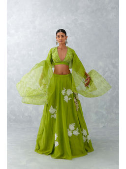 Devnaagri - Green Floral Embroidered Silk Lehenga (Set of 3)