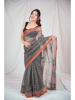 The Raksha Store - Ebony Essence Block Printed Saree with Unstitched Blouse