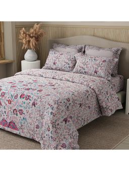 Boutique Living - 100% Cotton Pink & Blue Digital Floral Print King Bedsheet with 4 Pillow Covers