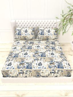 the White Moss - Bruno Printed 220 TC 100% Pure Cotton Satin King Size Bedsheet with 2 Pillow Covers