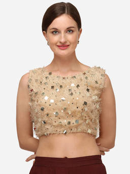 Amrutam Fab - Womens Sequences Beige Silk Stiched Blouse With Boat Neck