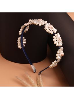 Choko - Girls Navy Blue Hairband with Pearl Floral Embellishments