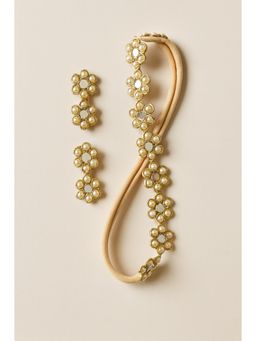 Choko - Gold Pearl Floral Headband with Matching Hair Clips for Girls