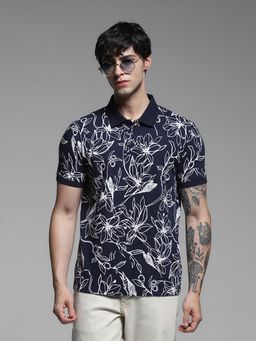 Jack & Jones - Men Navy Blue Floral Polo T-Shirt