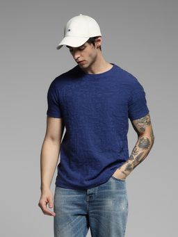 Jack & Jones - Men Blue Textured T-Shirt