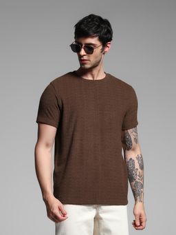 Jack & Jones - Men Brown Textured T-Shirt