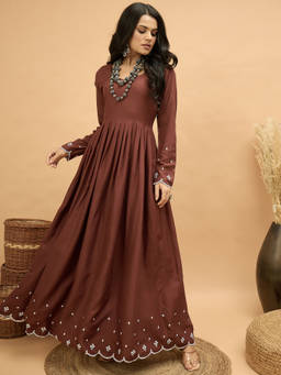 InWeave - Brown Embroidered Rayon Regular Kurta