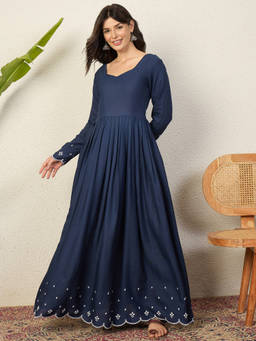 InWeave - Navy Blue Embroidered Rayon Regular Kurta