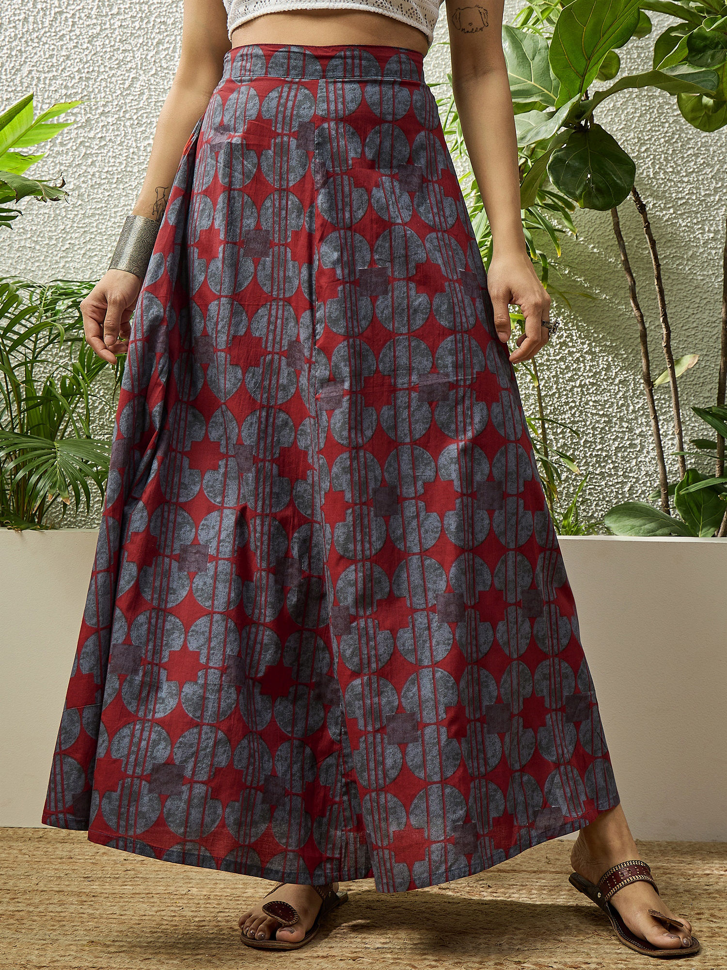 Rust Printed Cotton Relaxed Skirt-image-36