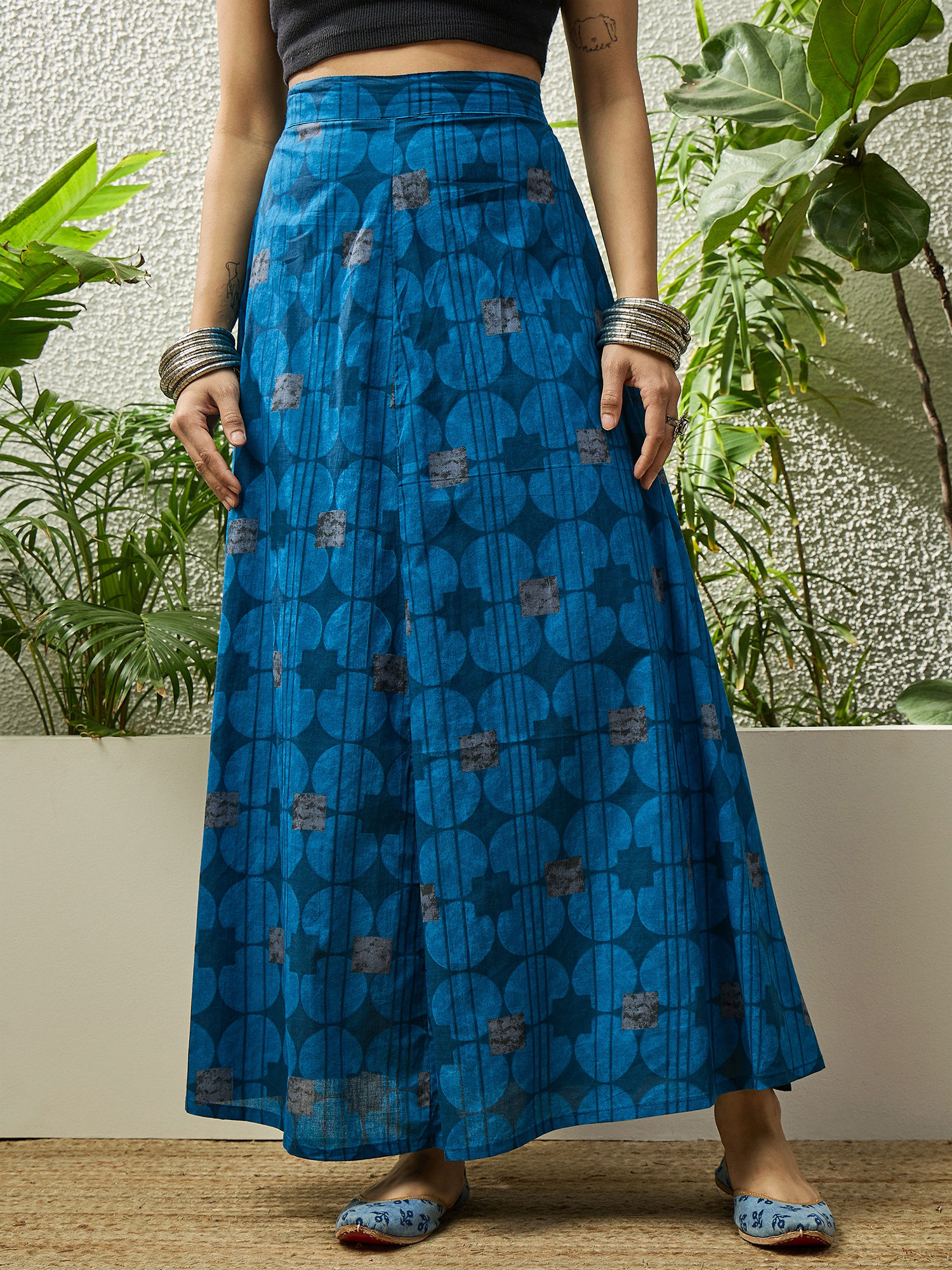 Teal Printed Cotton Relaxed Skirt-image-1