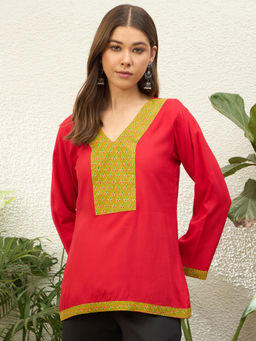 InWeave - Red Solid Rayon Regular Top