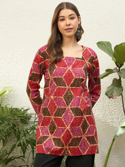 InWeave - Red Printed Cotton Regular Top