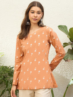 InWeave - Peach Printed Cotton Regular Top