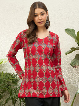 InWeave - Red Printed Cotton Regular Top