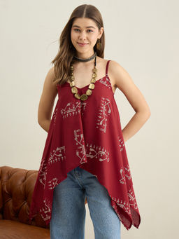 InWeave - Red Printed Cotton Regular Top