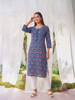 Rangita - Blue Printed Rayon Regular Kurta