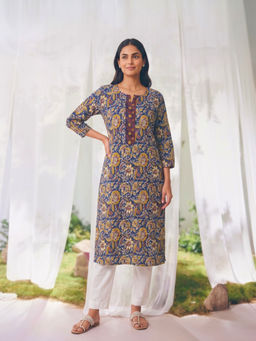 Rangita - Blue Floral Rayon Regular Kurta