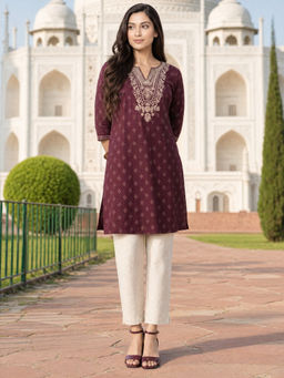 Rangita - Wine Embroidered Rayon Regular Kurta