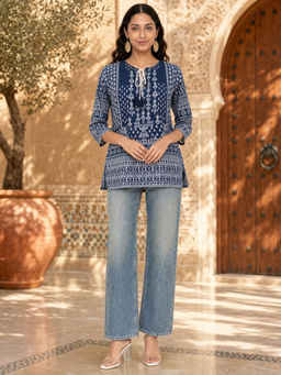 Rangita - Navy Blue Printed Rayon Regular Kurta