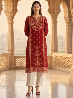 Rangita - Red Embroidered Rayon Regular Kurta