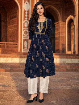 Rangita - Navy Blue Embroidered Viscose Regular Kurta