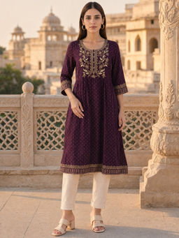 Rangita - Wine Embroidered Rayon Regular Kurta