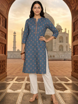 Rangita - Blue Floral Rayon Regular Kurta